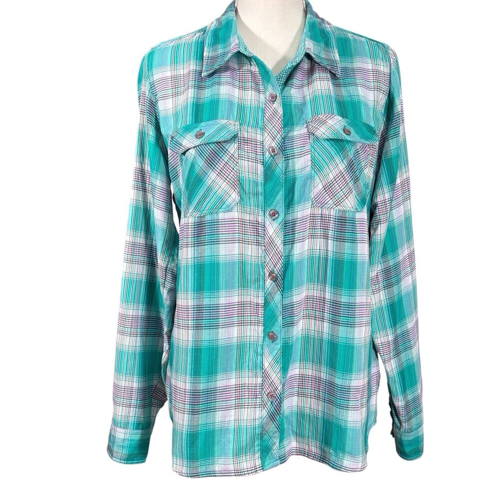 Marmot Shirt Long Sleeve Button Womens Large Green Plaid Roll Tab Gorpcore